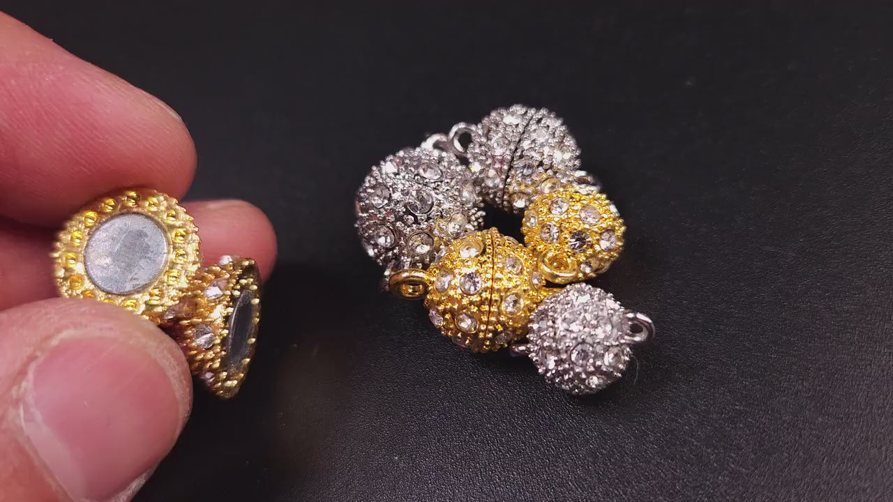 4 sets Silver, Gold 10,12,14mm Ball clasp with Rhinestone crystal setting, jewelry making Mag Ball clasp. 4 pcs sets