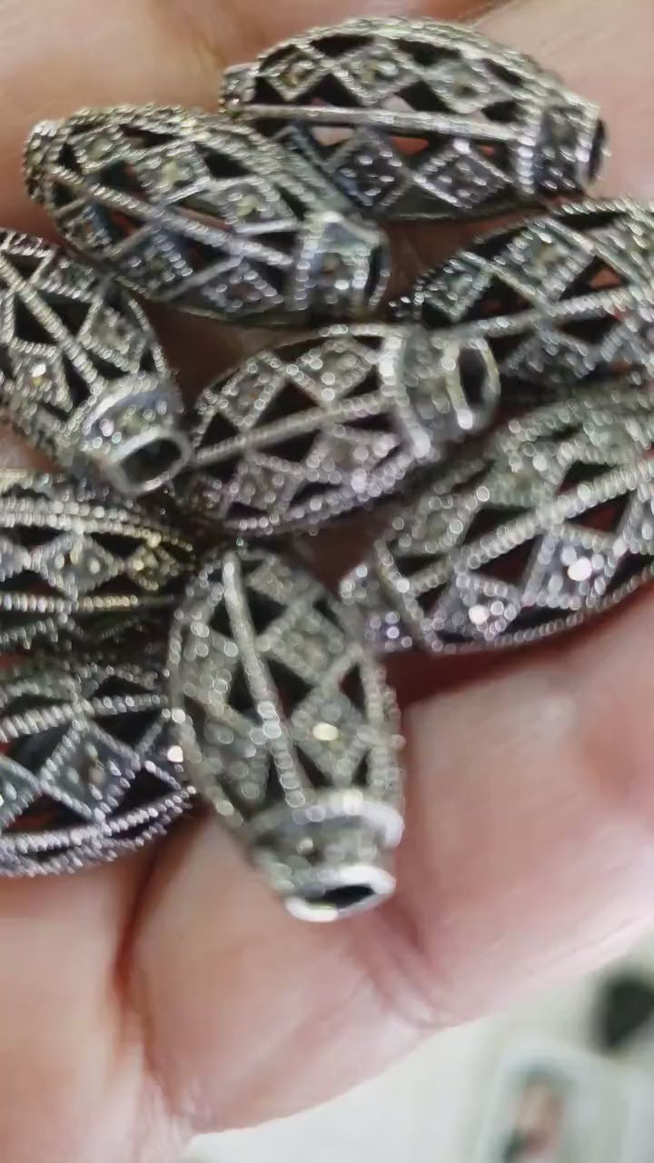 925 Sterling Silver Marcasite oval 9x20mm vintage spacer filigree hollow bead. 2.5mm hole size, Jewelry making findings, 1 piece price