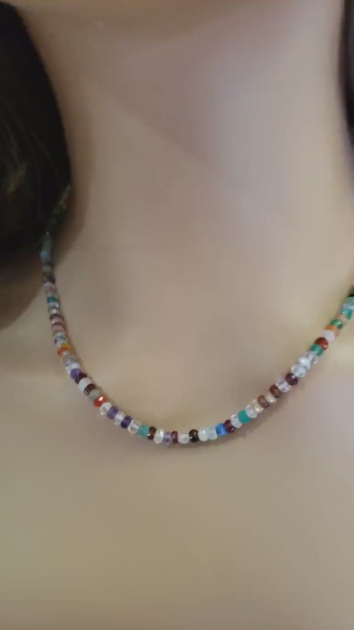 Natural Multi Gemstone Rainbow 4mm Disco Necklace, Moonstone, Garnet, Onyx, Carnelian, Amethyst, Smokey, Labradorite gemstone gift