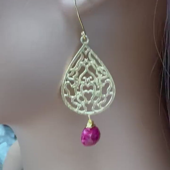 18k Gold Vermeil Bali brush gold Filigree 23x35mm long Handmade Earrings dangling with genuine Ruby heart drop, yellow gold Earrings, gift