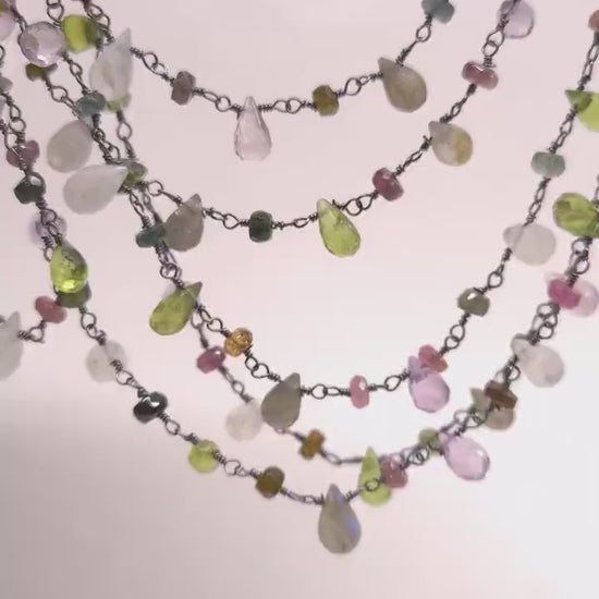 Multi Gemstone Faceted Briolette Rondelle Wire Wrapped Oxidized Silver Necklace, Peridot, Labradorite, Moonstone, Tourmaline, Pink Amethyst