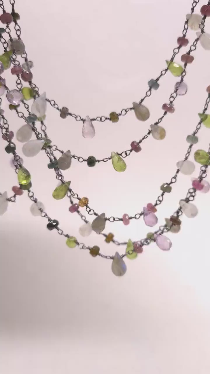 Multi Gemstone Faceted Briolette Rondelle Wire Wrapped Oxidized Silver Necklace, Peridot, Labradorite, Moonstone, Tourmaline, Pink Amethyst