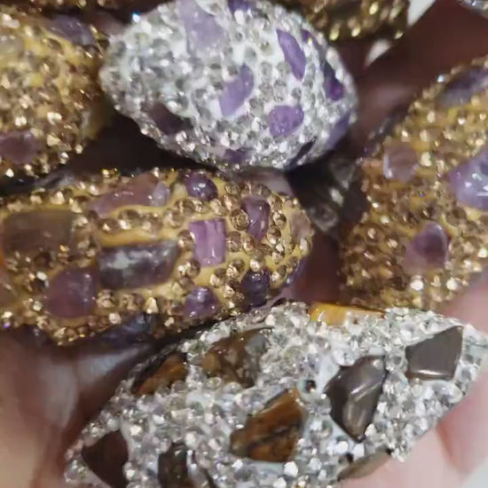 Amethyst, Lapis Lazuli ,Tiger eye Rhinestone Pave Crystal Long oval Gold and Silver Bead, 15x33-16x36mm Sparkly,Bling Spacer,Focal bead,1pc