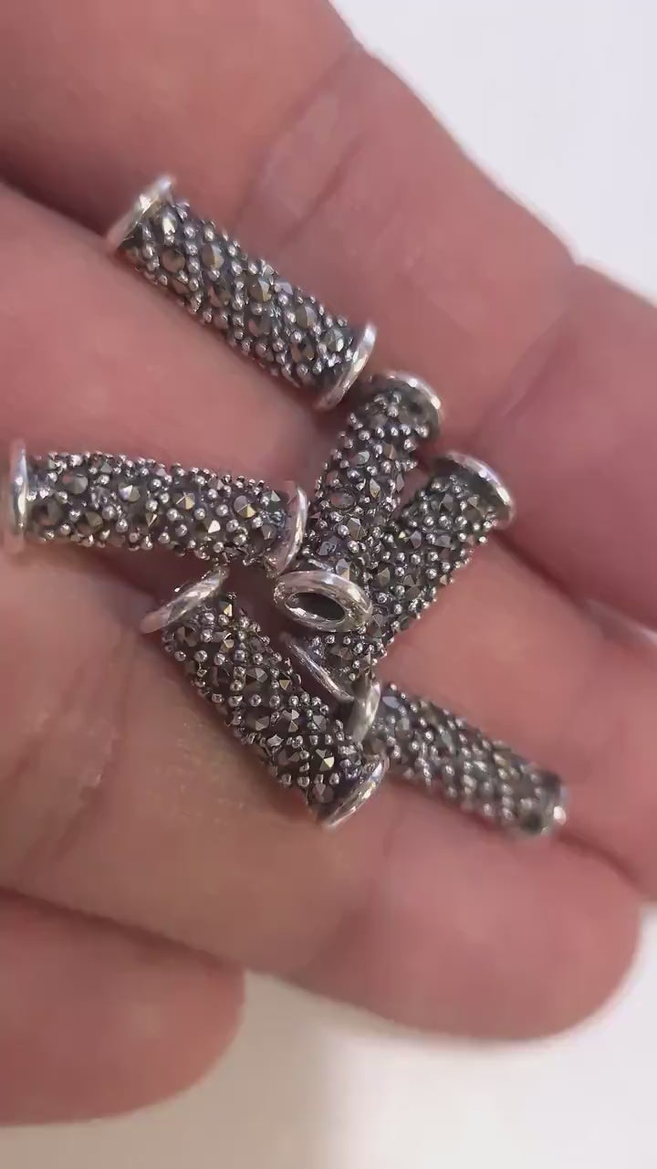 925 Sterling Silver Marcasite curved tube 6x16mm, 2.3mm Inner Diameter, Vintage Antique Handmade Designed jewelry making spacer noodle tube.