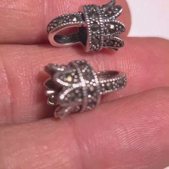 925 Sterling Silver Marcasite Bead Cap 10x16mm with Pin, Glue on Peg. vintage clasp, 925 Stamped, 1 piece