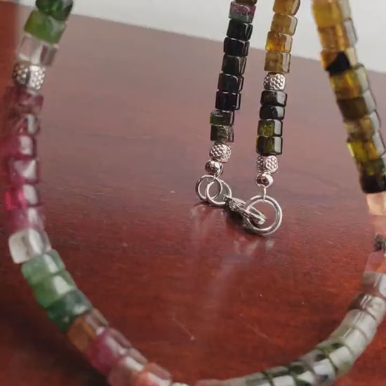 Genuine Multi Watermelon Tourmaline 5-6mm Heishi wheel roundel Necklace, Bali style spacer, Rhodium clasp for Man and Woman , Energy