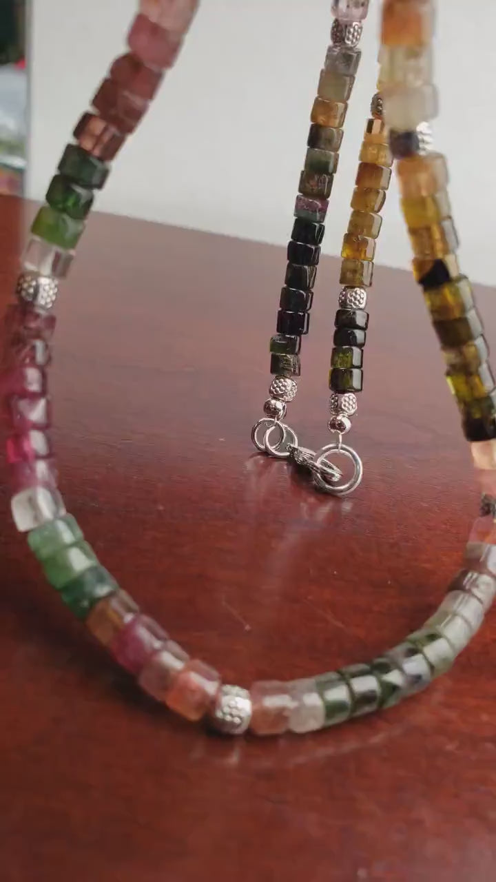 Genuine Multi Watermelon Tourmaline 5-6mm Heishi wheel roundel Necklace, Bali style spacer, Rhodium clasp for Man and Woman , Energy