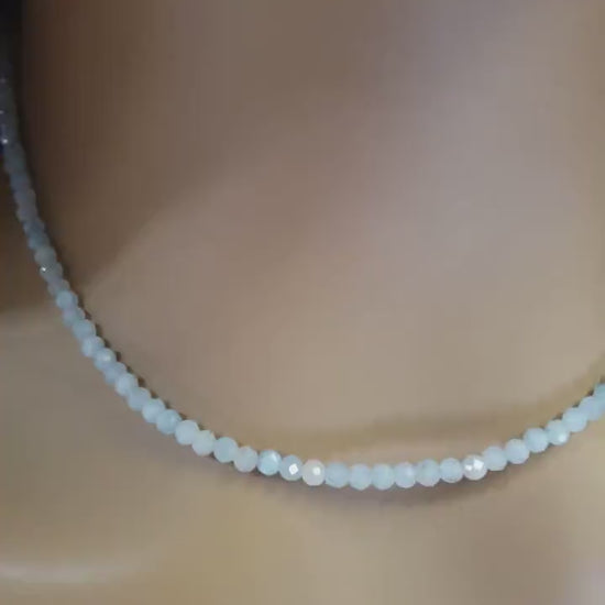 Aquamarine milky micro faceted 3.5mm round ,925 Sterling silver, handmade necklace for Man and Woman Gift