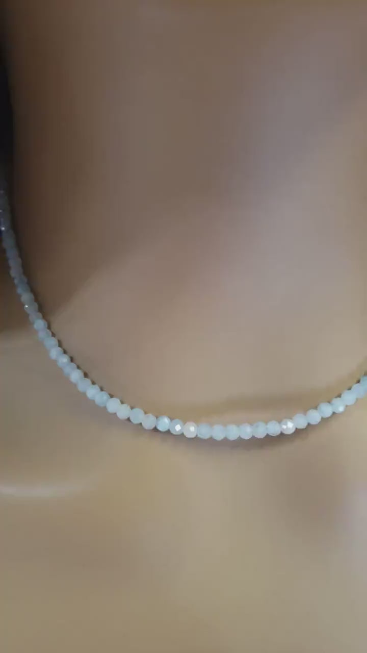 Aquamarine milky micro faceted 3.5mm round ,925 Sterling silver, handmade necklace for Man and Woman Gift