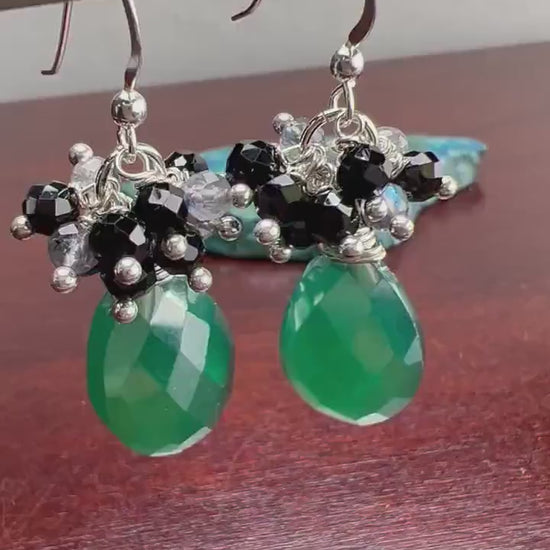 Genuine Green Onyx large drop mystic 12x16mm cluster with labradorite & black spinel wire wrapped 925 sterling silver earrings