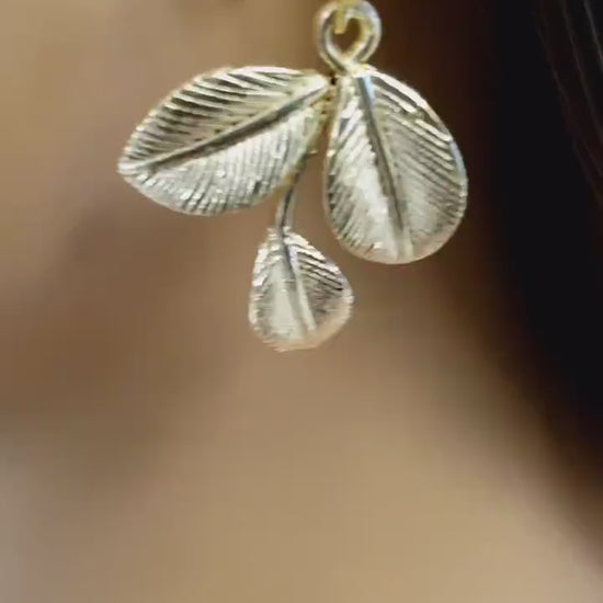 18k Gold Vermeil Bali Brush Gold Leaf Handmade Earrings, Beautiful Light Yellow Gold Color Medium Heavy Weight gift