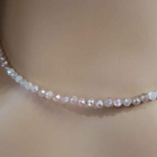 Natural peach Moonstone Faceted 3.5mm Round Beaded necklace. 925 Sterling silver.Beautiful light peachy Beige choker layering gift