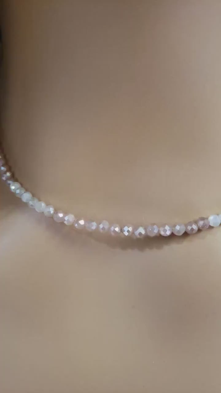 Natural peach Moonstone Faceted 3.5mm Round Beaded necklace. 925 Sterling silver.Beautiful light peachy Beige choker layering gift
