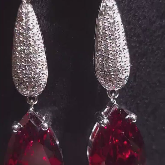 Genuine Garnet 10x14 Teardrop, 925 Sterling Silver High Quality Cubic Zirconia Setting Dangling Post Earring, 925 stamped January Birthstone