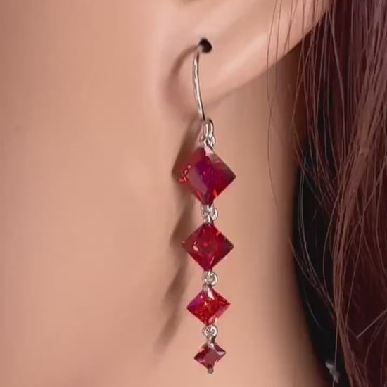 Genuine Garnet Merlot Red Long Square drop dangling Earrings, Bridal, Boho, valentines Holiday Gift, 1.5” long