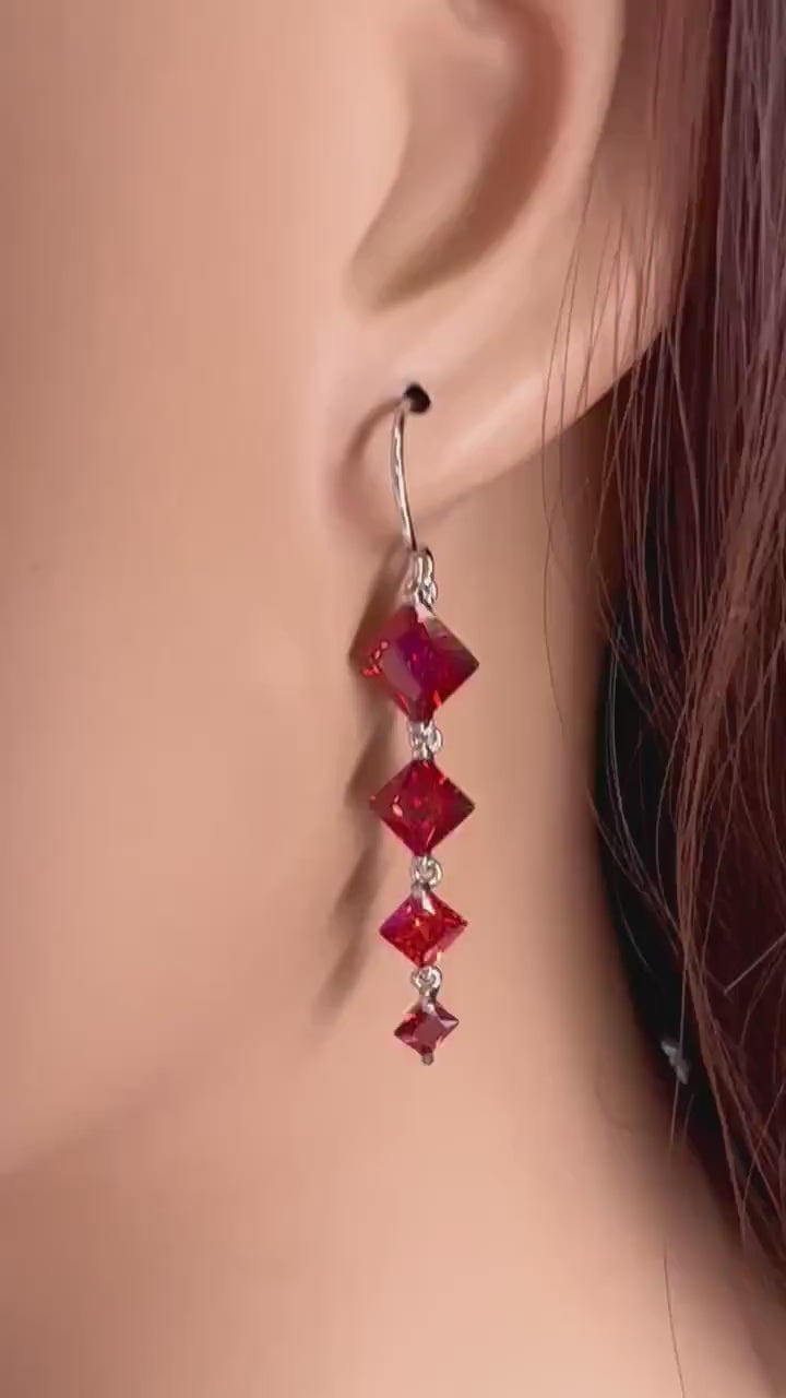 Genuine Garnet Merlot Red Long Square drop dangling Earrings, Bridal, Boho, valentines Holiday Gift, 1.5” long