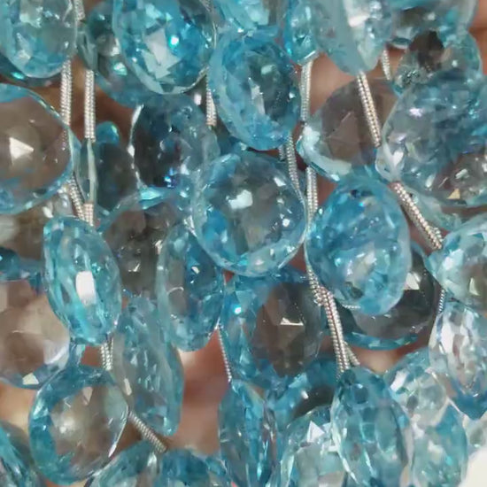 Swiss Blue Topaz cut Faceted Briolette, Genuine AAA Quality Blue Topaz Graduated Faceted Heart Teardrop 11-14mm December Birthstone