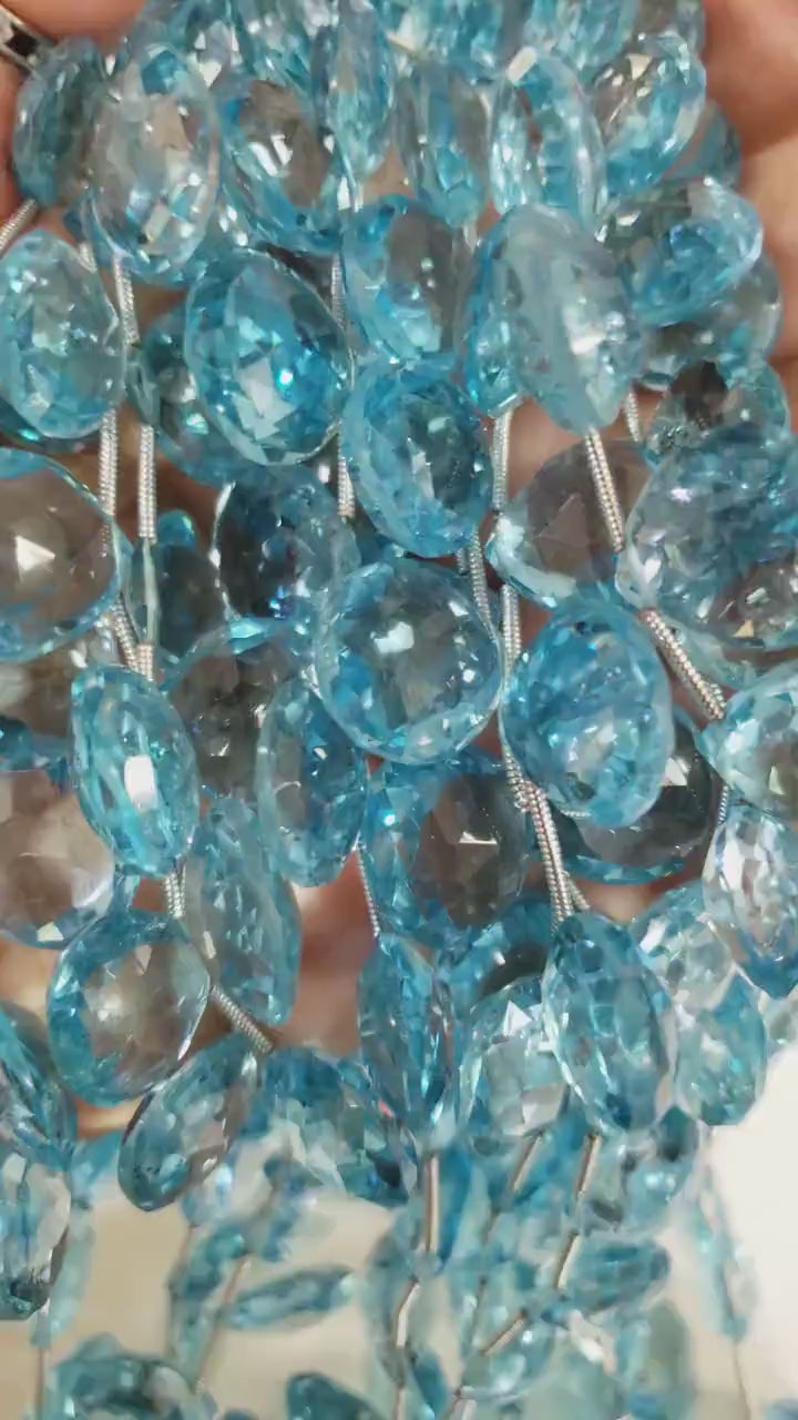 Swiss Blue Topaz cut Faceted Briolette, Genuine AAA Quality Blue Topaz Graduated Faceted Heart Teardrop 11-14mm December Birthstone