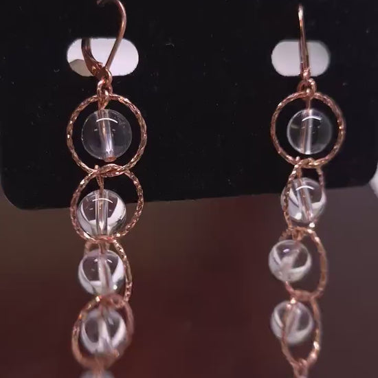 Brazilian Rock Crystal Clear Quartz Dangling Rose Gold Circle Earrings
