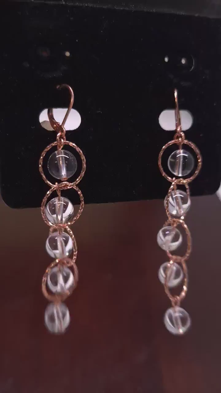Brazilian Rock Crystal Clear Quartz Dangling Rose Gold Circle Earrings