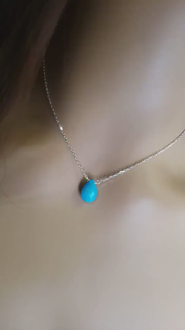 Genuine Arizona Blue Turquoise Faceted drop 8x12mm,925 Sterling Silver chain  Necklace and threader Earring set , Minimalist precious gift