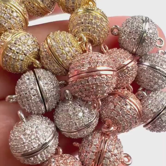 10mm round CZ diamond setting Pave magnet clasp  silver, gold, and Rose Gold plated brass, good quality, jewelry making clasp. 1 set