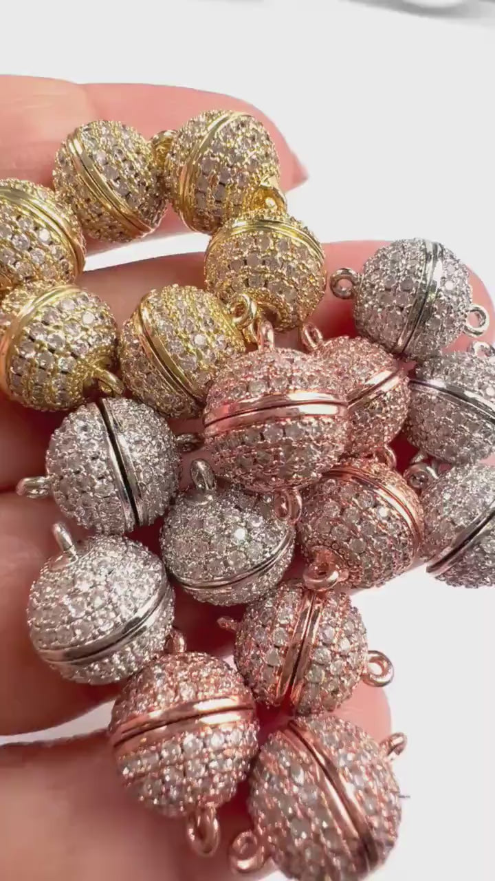 10mm round CZ diamond setting Pave magnet clasp  silver, gold, and Rose Gold plated brass, good quality, jewelry making clasp. 1 set