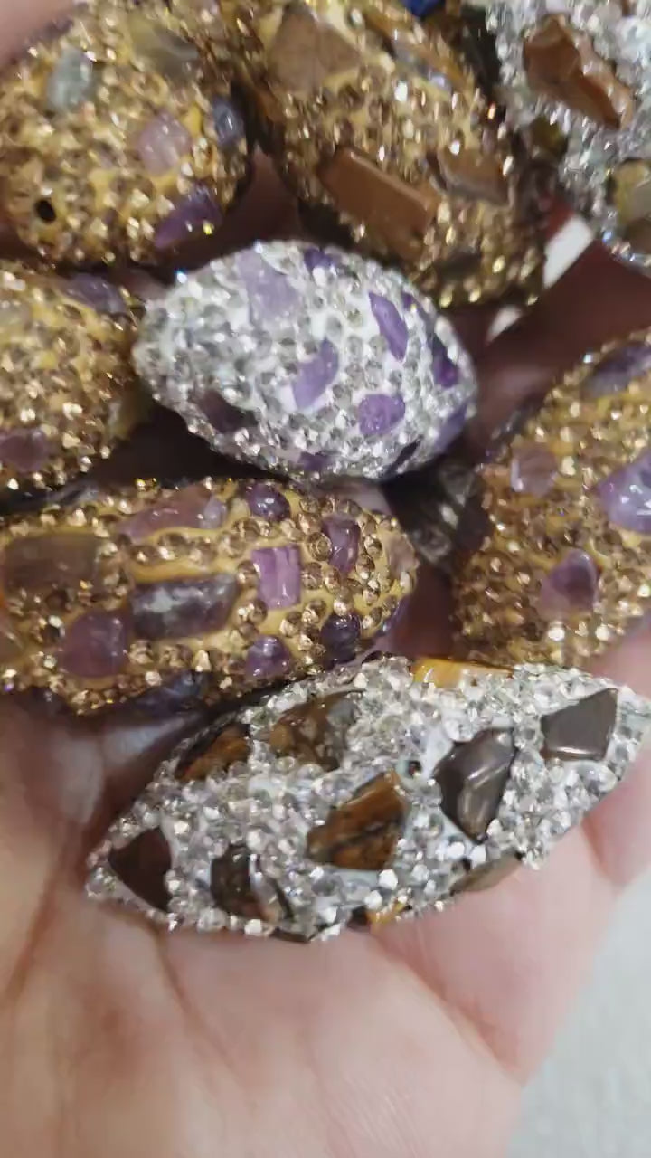 Amethyst, Lapis Lazuli ,Tiger eye Rhinestone Pave Crystal Long oval Gold and Silver Bead, 15x33-16x36mm Sparkly,Bling Spacer,Focal bead,1pc