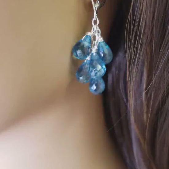 Moss Kyanite Faceted drop 7x9mm Wire Wrapped Cascade Sterling Silver or 14k Gold Filled Leverback Earrings, Boho, Minimalist, Elegant Gift