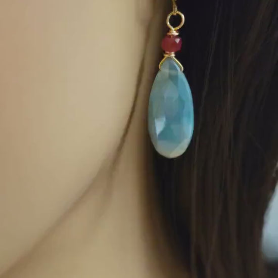Blue Moonstone Faceted Long Pear Drop 8x20mmWire Wrapped, 4mm Genuine ruby accent 14k Gold Filled, 925 Sterling Silver Earring, Elegant Gift