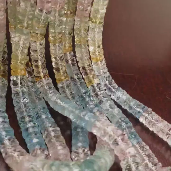 Natural Multi Aquamarine Morganite Tyre wheel Heishi 6mm Micro Faceted cut Graduated Roundel Rare AAA clear quality.