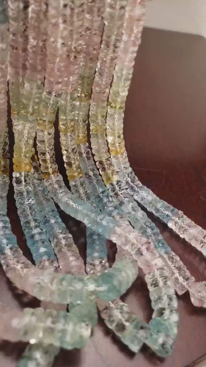 Natural Multi Aquamarine Morganite Tyre wheel Heishi 6mm Micro Faceted cut Graduated Roundel Rare AAA clear quality.