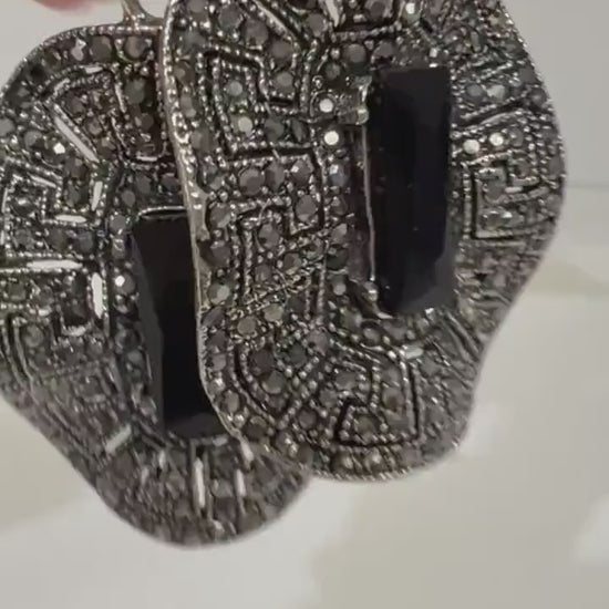 Marcasite Style Crystal Earrings Post with Dangle Black Onyx Rectangle Shape Waved Oval Venetian Earrings, Gift for her