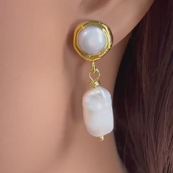 Natural Freshwater Biwa pearl dangling with freshwater Pearl Gold bezel stud earrings.