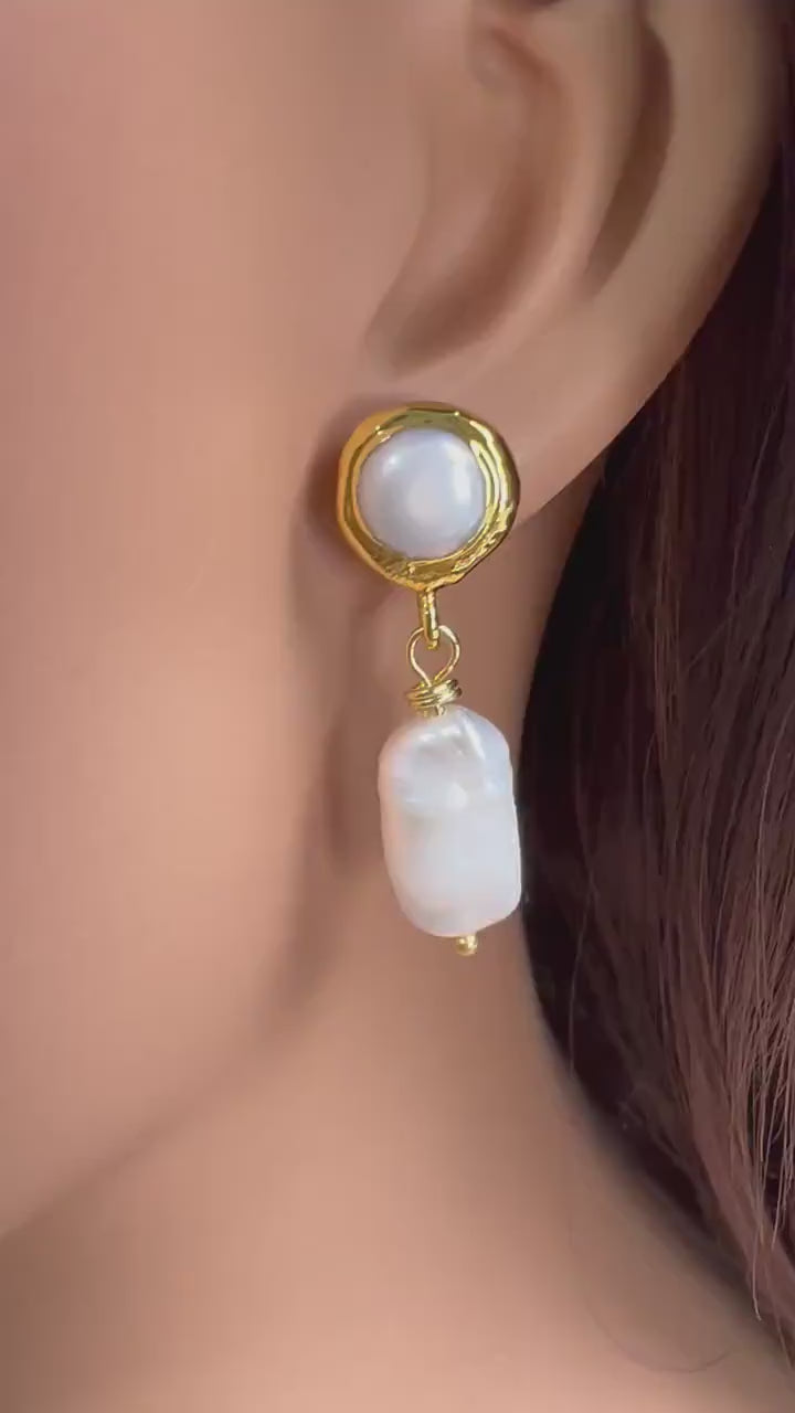 Natural Freshwater Biwa pearl dangling with freshwater Pearl Gold bezel stud earrings.