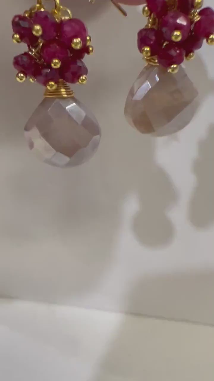 Genuine Ruby Cluster Wire Wrapped, Peach Moonstone Dangling Earrings in 14K Gold Filled Ear Wire, Valentine, Bridesmaid, Gift for her