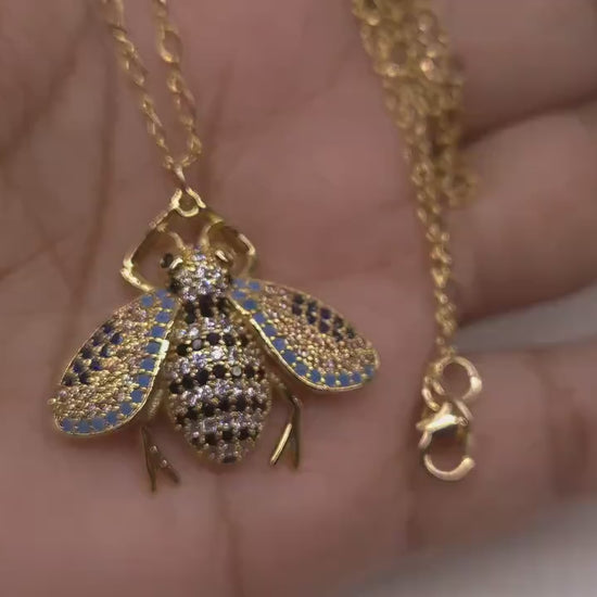 Cubic Zirconia Micro Pave Diamond Style Bee Pendant with 14K Gold Filled Figure 8 Layering Necklace 14"-30"