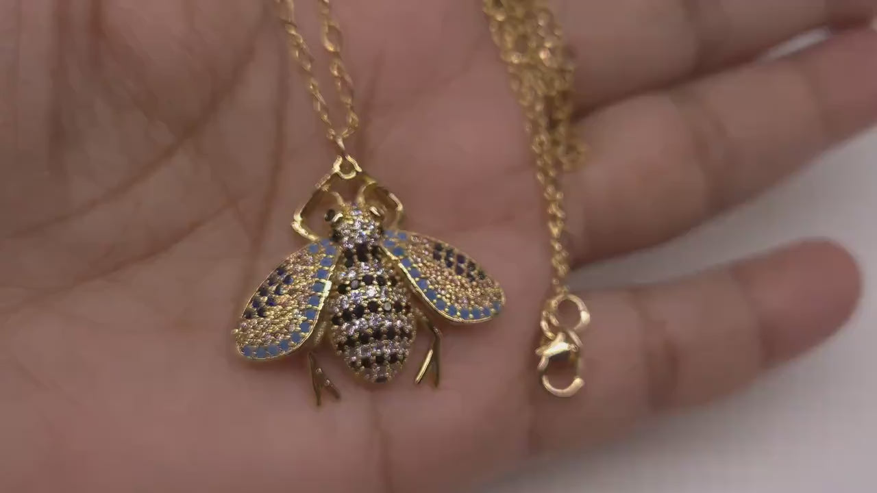 Cubic Zirconia Micro Pave Diamond Style Bee Pendant with 14K Gold Filled Figure 8 Layering Necklace 14"-30"