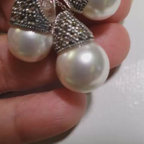 Sterling Silver Marcasite with Pearl 14mm Pendant, 12mm Earrings, Sterling Silver Cable Chain Necklace Jewelry Set, 925 Stamped