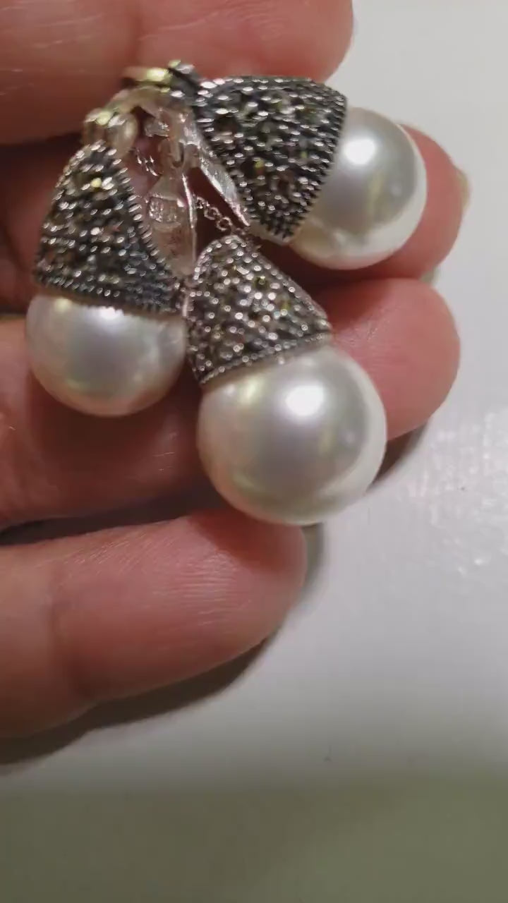 Sterling Silver Marcasite with Pearl 14mm Pendant, 12mm Earrings, Sterling Silver Cable Chain Necklace Jewelry Set, 925 Stamped