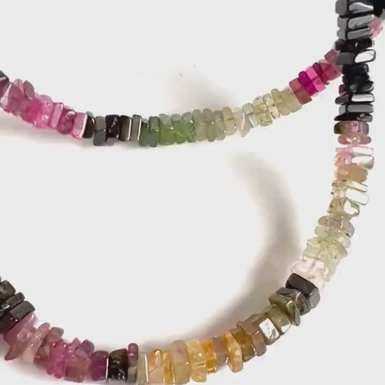 Genuine Multi Watermelon Tourmaline 4-4.5mm Heishi square silver Necklace for Man and Woman , Energy healing gems