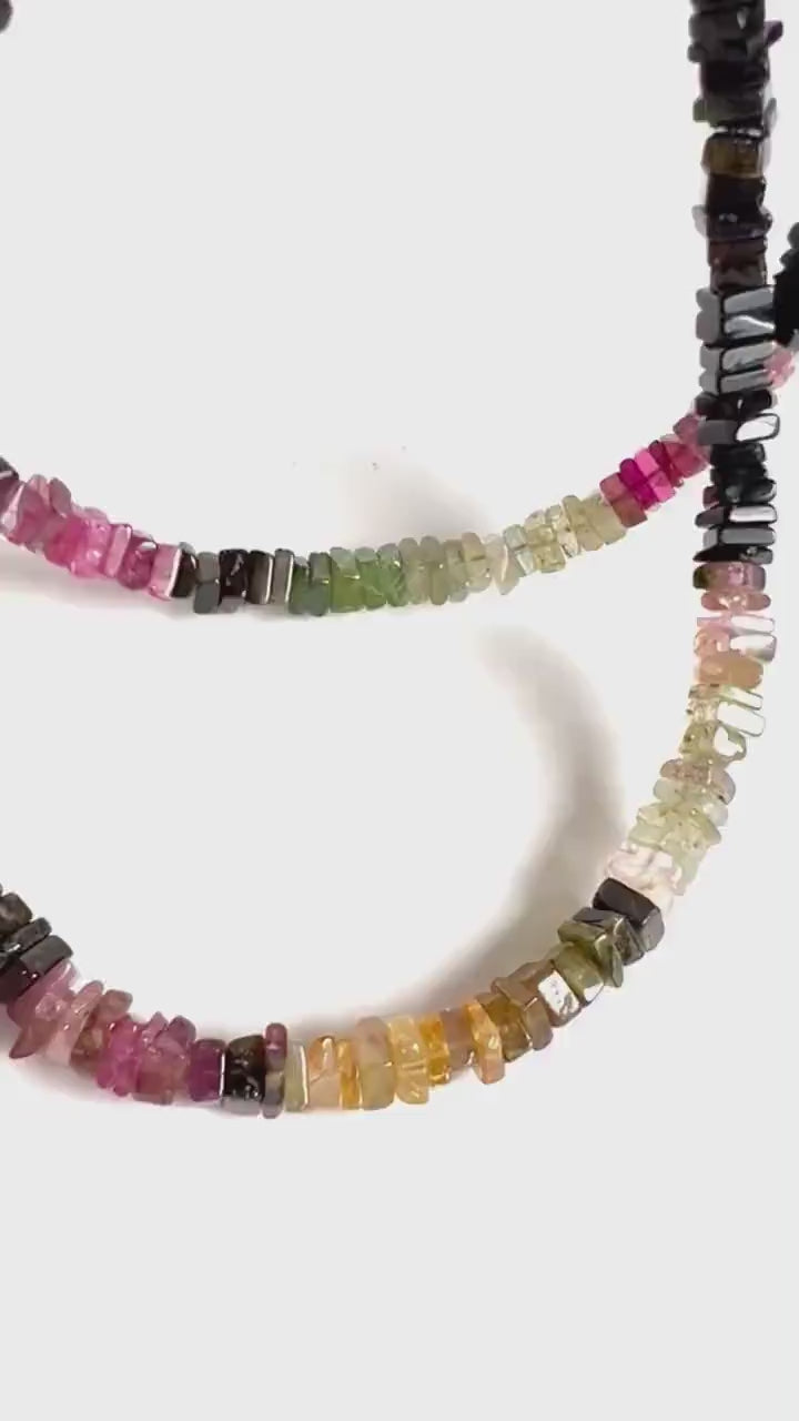 Genuine Multi Watermelon Tourmaline 4-4.5mm Heishi square silver Necklace for Man and Woman , Energy healing gems