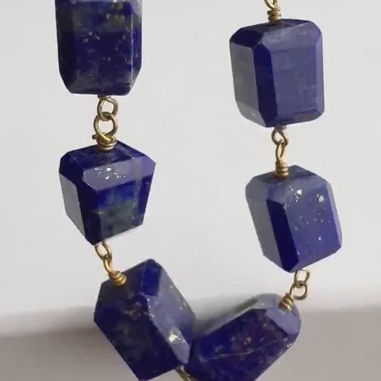 Genuine Lapis Lazuli Free Form Raw Faceted Rectangular 9-12mm Pillars Wire Wrapped gold Necklace mag ball Clasp,chakra healing gift