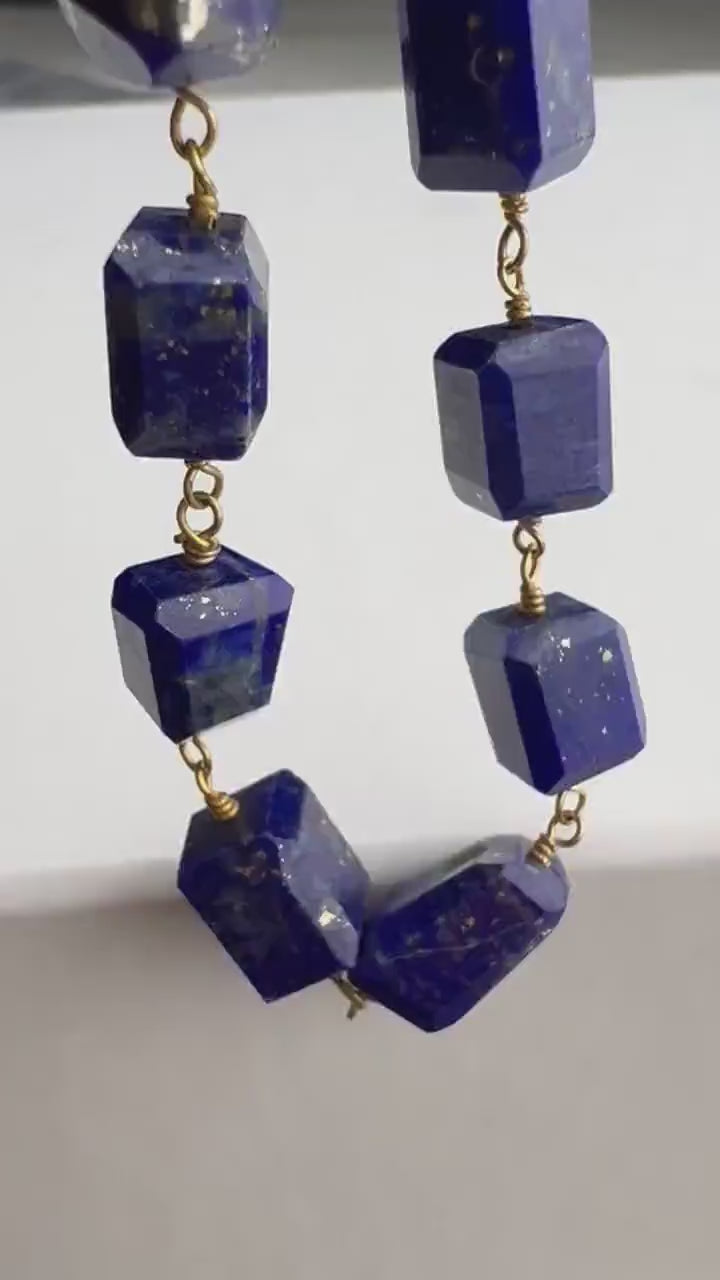 Genuine Lapis Lazuli Free Form Raw Faceted Rectangular 9-12mm Pillars Wire Wrapped gold Necklace mag ball Clasp,chakra healing gift