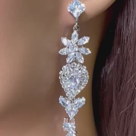 Cubic Zirconia CZ Diamond Rectangle PillShape Rhodium Silver Fancy long Post  Earrings, Valentine Evening Wear,Bridal