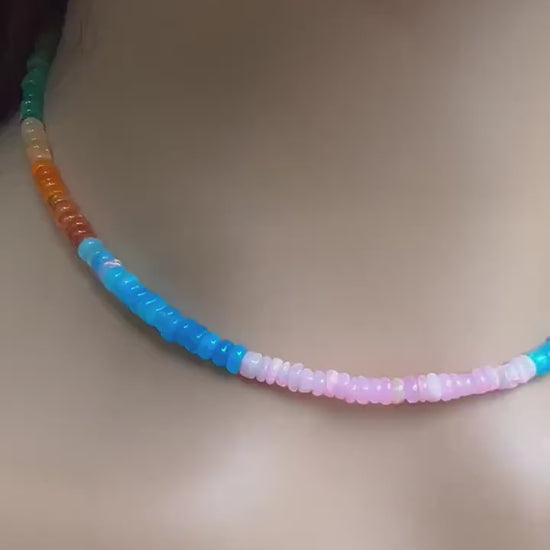 Genuine Ethiopian Opal Multi Pink blue green Disco Welo Fire Opal 4.5mm large Roundel Necklace Fiery Opal Jewelry Gift
