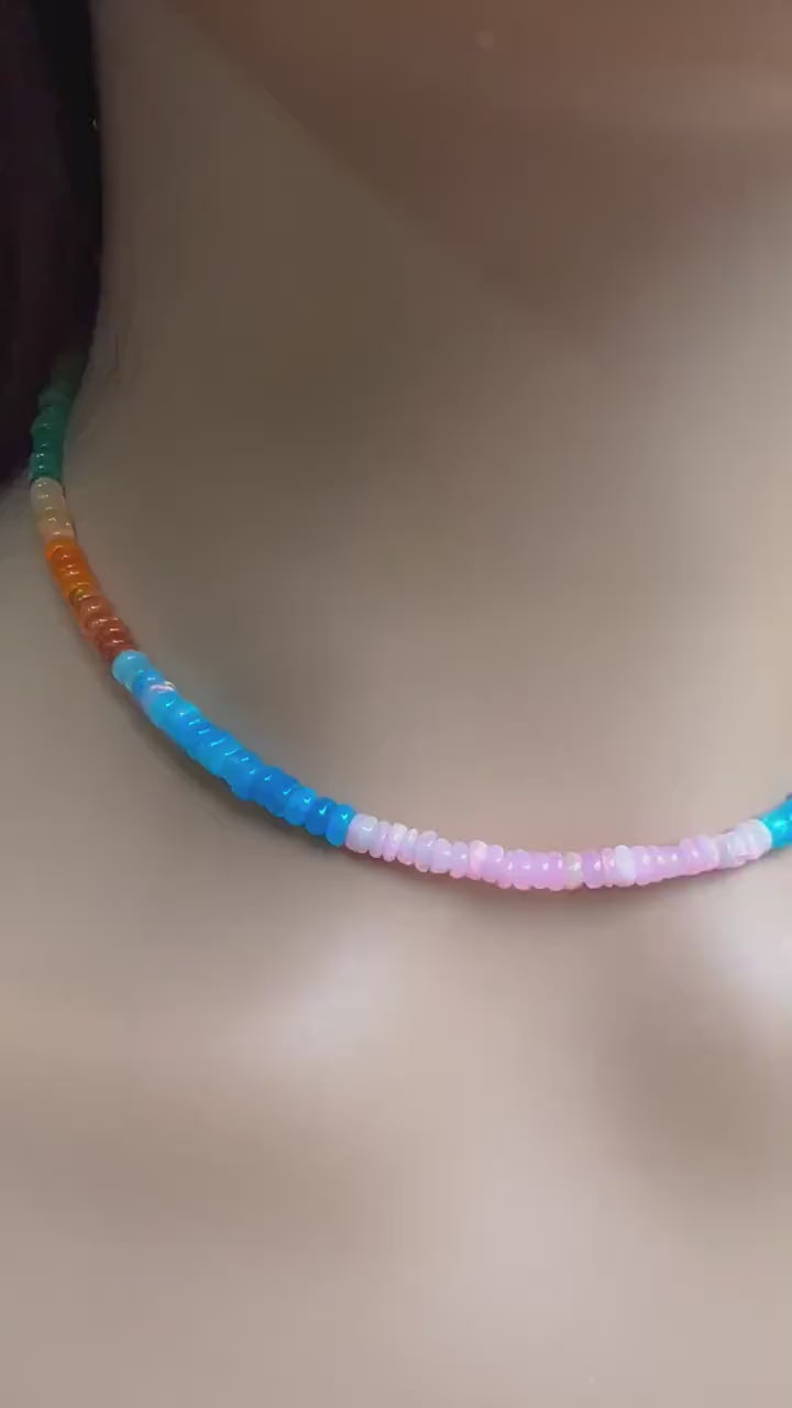 Genuine Ethiopian Opal Multi Pink blue green Disco Welo Fire Opal 4.5mm large Roundel Necklace Fiery Opal Jewelry Gift