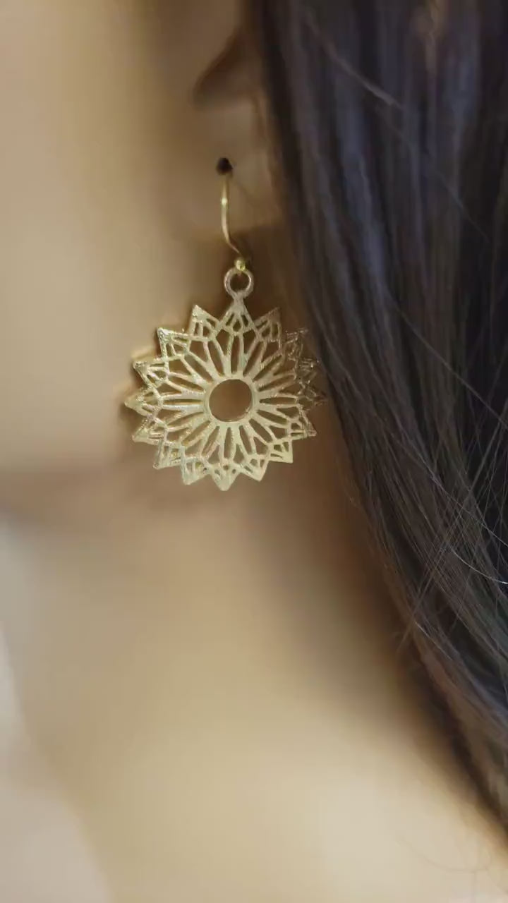 18K Gold Vermeil Bali Brush Gold Filigree Flower 30mm Circle Handmade Earrings, Beautiful light yellow gold Earrings gift
