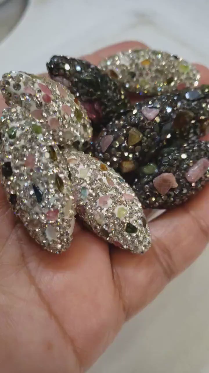 Natural Tourmaline Rhinestone Pave Crystal Black and Silver , gold  Bead, Center Drilled , 15x36mm Sparkly Bead, Spacer or Focal Bead