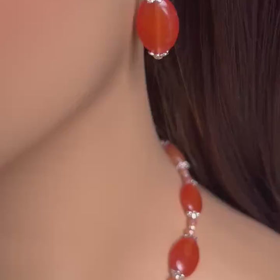 Natural Red Aventurine Peach aventurine 12x16mm oval Gemstones with Bali Style Spacers, peachy orange beads silver Necklace earrings set